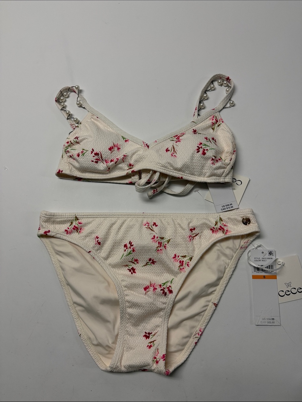 CeCe Ivory Floral Textured Bikini Set with Pink Blossoms top XS bottom SM